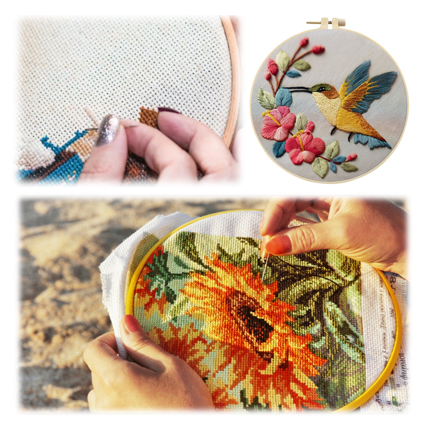 Golden Hummingbird - DIY Embroidery Cross Stitch Kit with Pattern Cotton Threads Needles Hoop 30x30CM/11.81x11.81in