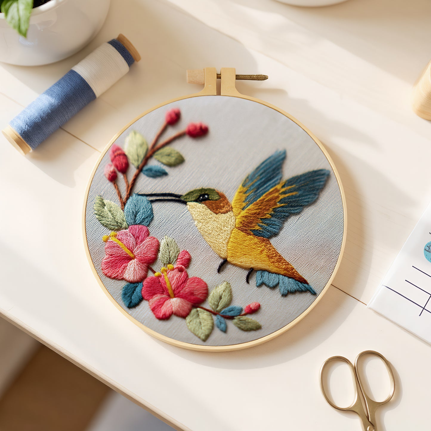 Golden Hummingbird - DIY Embroidery Cross Stitch Kit with Pattern Cotton Threads Needles Hoop 30x30CM/11.81x11.81in