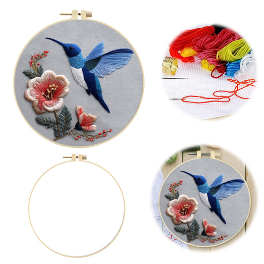 Blue Hummingbird - DIY Embroidery Cross Stitch Kit with Pattern Cotton Threads Needles Hoop 30x30CM/11.81x11.81in