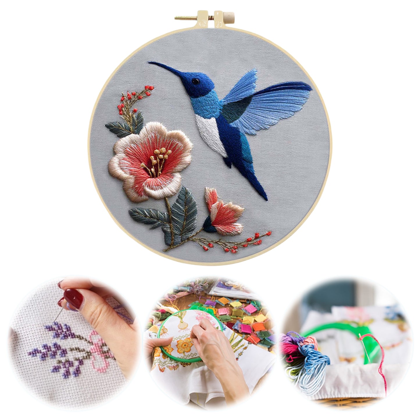 Blue Hummingbird - DIY Embroidery Cross Stitch Kit with Pattern Cotton Threads Needles Hoop 30x30CM/11.81x11.81in