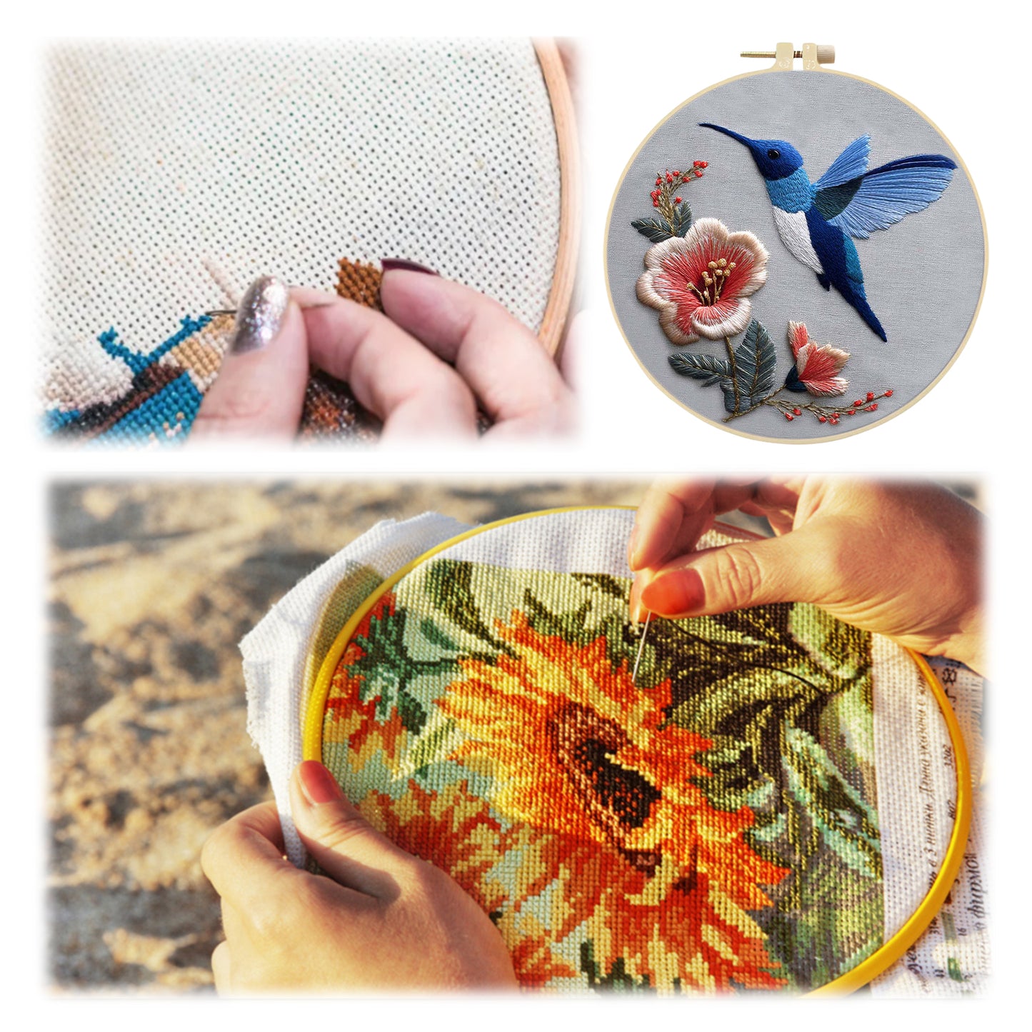 Blue Hummingbird - DIY Embroidery Cross Stitch Kit with Pattern Cotton Threads Needles Hoop 30x30CM/11.81x11.81in