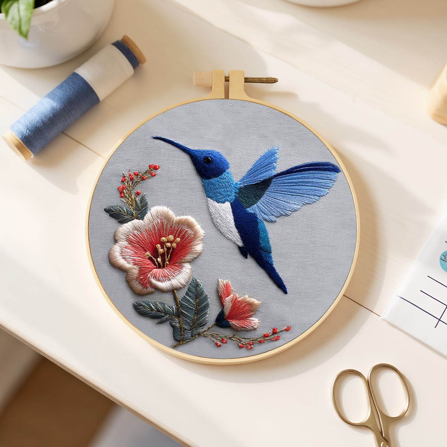 Blue Hummingbird - DIY Embroidery Cross Stitch Kit with Pattern Cotton Threads Needles Hoop 30x30CM/11.81x11.81in