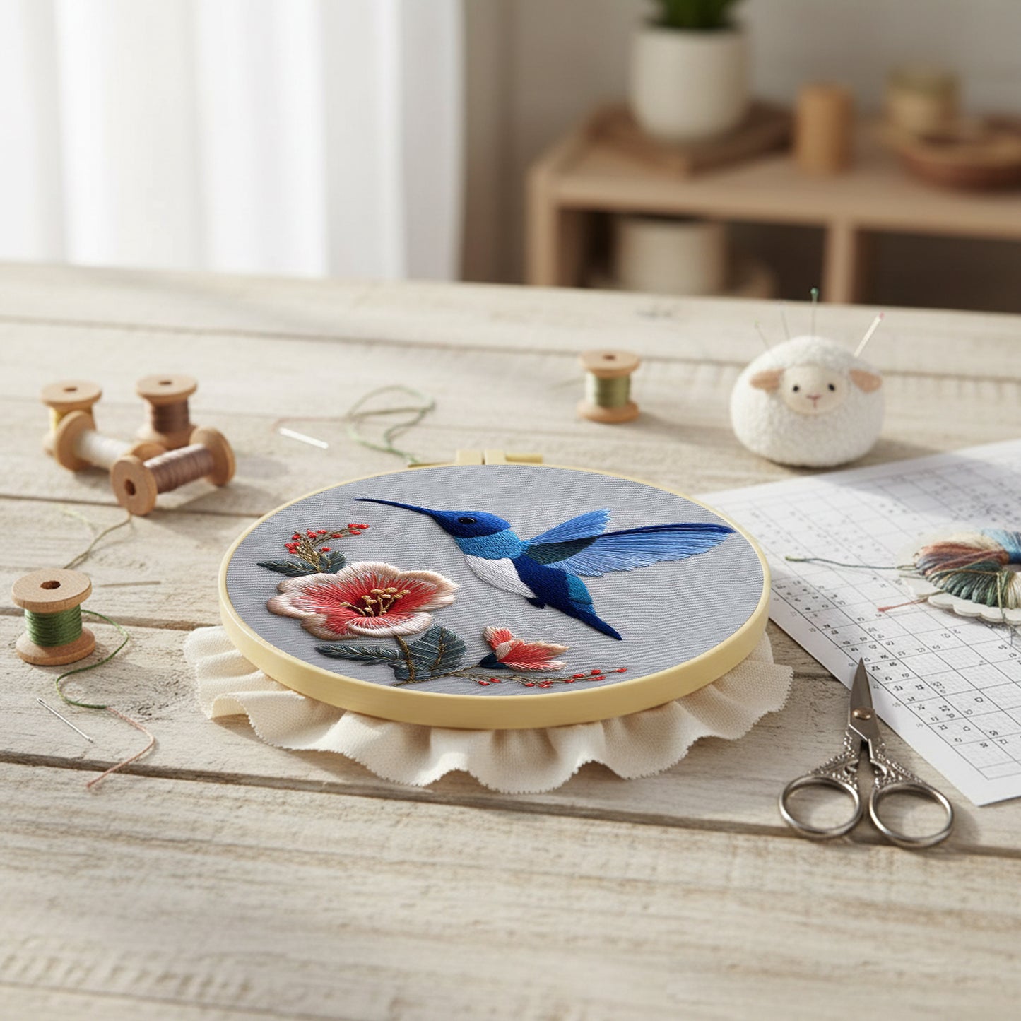 Blue Hummingbird - DIY Embroidery Cross Stitch Kit with Pattern Cotton Threads Needles Hoop 30x30CM/11.81x11.81in