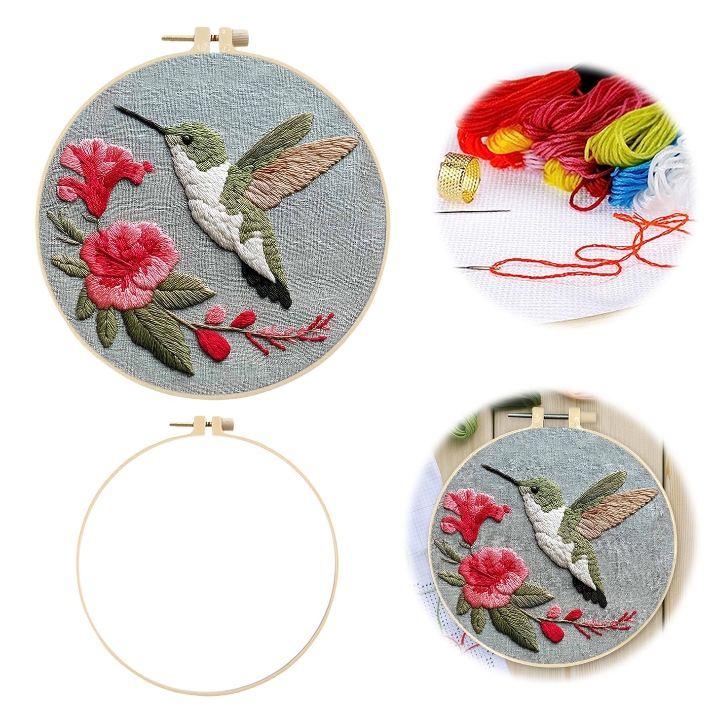 Green Hummingbird - DIY Embroidery Cross Stitch Kit with Pattern Cotton Threads Needles Hoop 30x30CM/11.81x11.81in