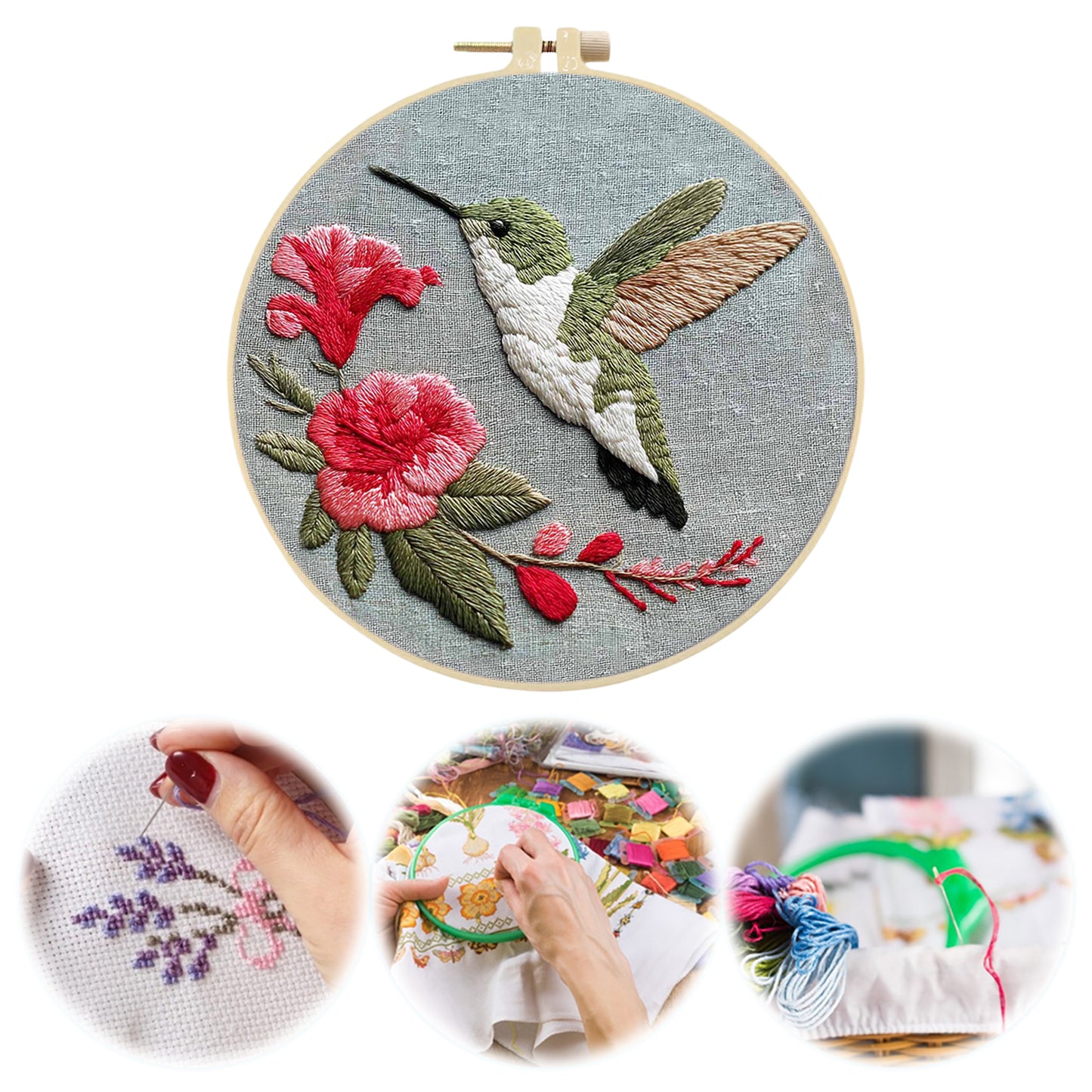 Green Hummingbird - DIY Embroidery Cross Stitch Kit with Pattern Cotton Threads Needles Hoop 30x30CM/11.81x11.81in
