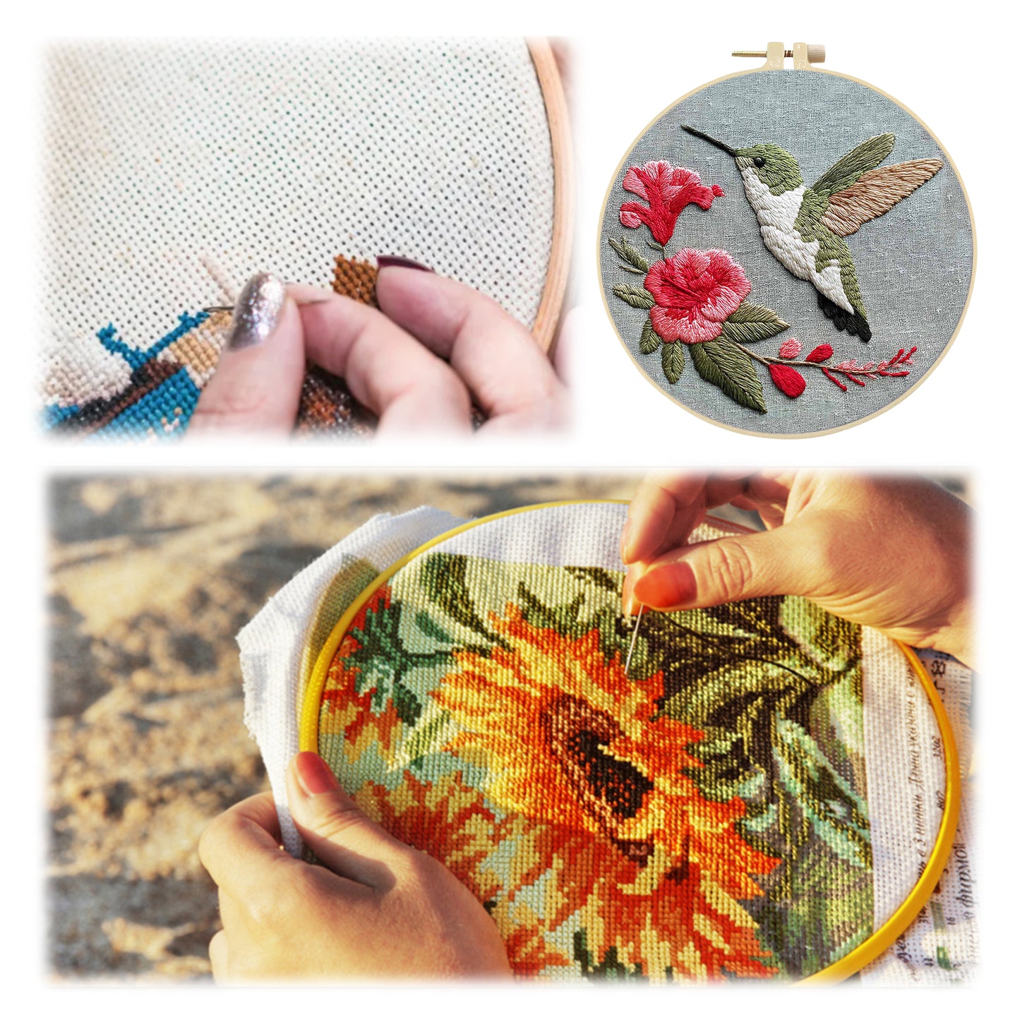 Green Hummingbird - DIY Embroidery Cross Stitch Kit with Pattern Cotton Threads Needles Hoop 30x30CM/11.81x11.81in