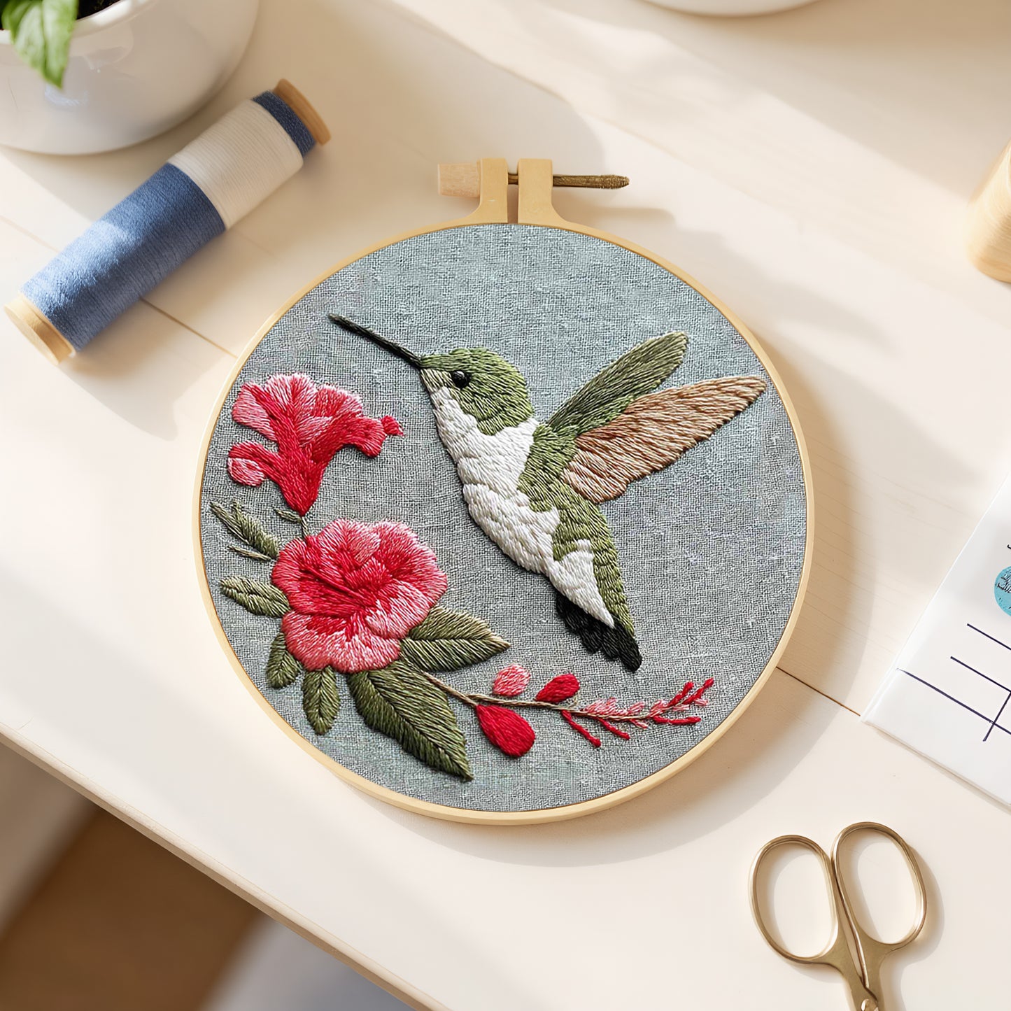 Green Hummingbird - DIY Embroidery Cross Stitch Kit with Pattern Cotton Threads Needles Hoop 30x30CM/11.81x11.81in