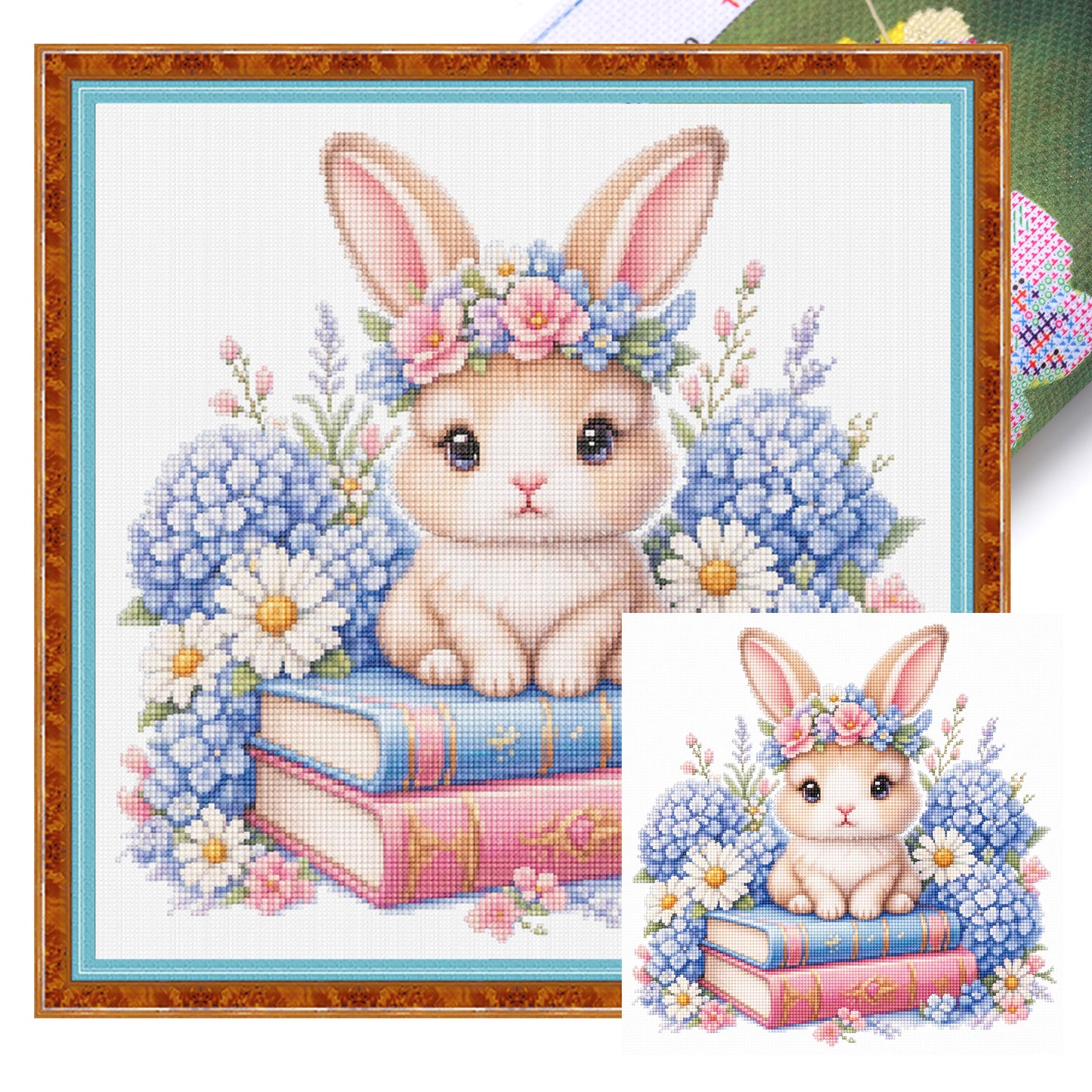 Rabbit, Books And Flowers - Full 14CT Stamped Cross Stitch 30x30CM - Huacan