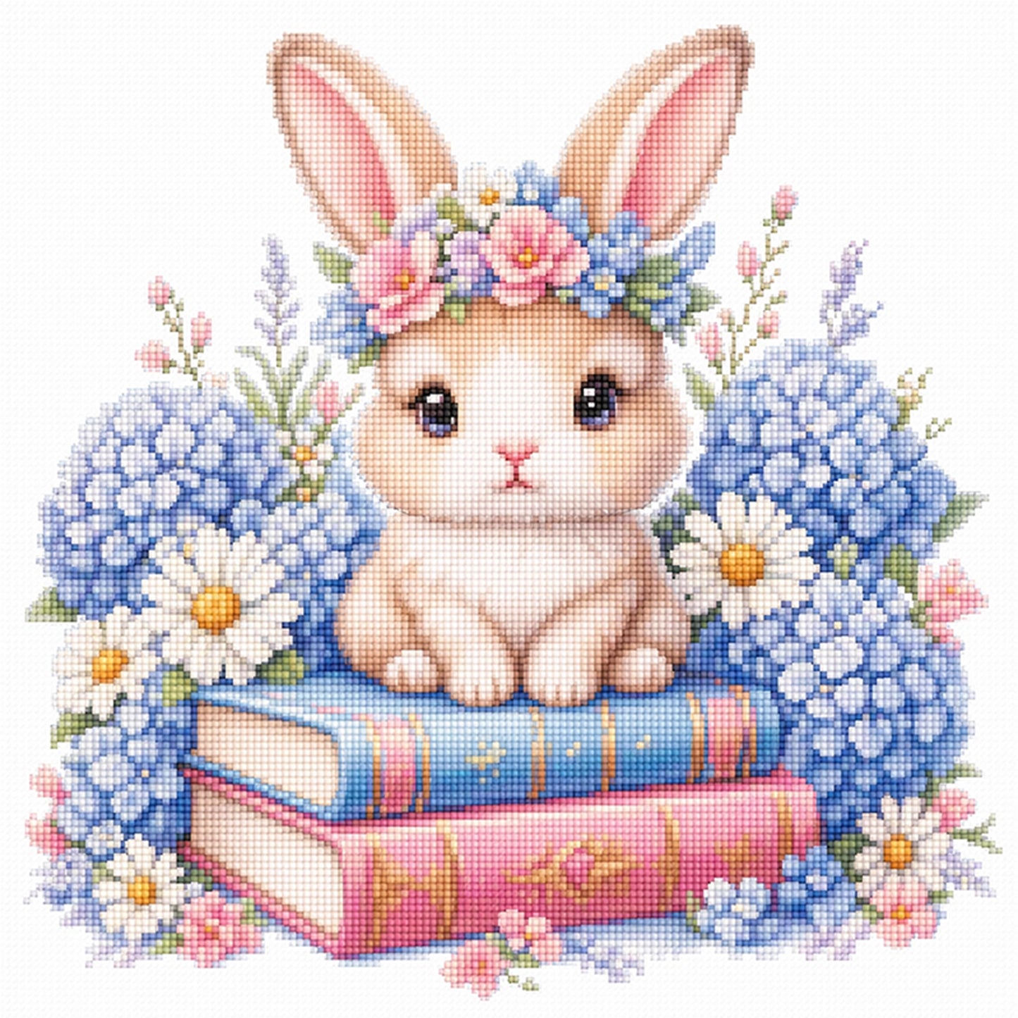 Rabbit, Books And Flowers - Full 14CT Stamped Cross Stitch 30x30CM - Huacan