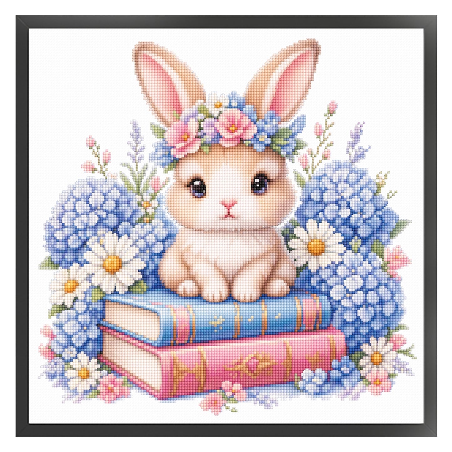 Rabbit, Books And Flowers - Full 14CT Stamped Cross Stitch 30x30CM - Huacan