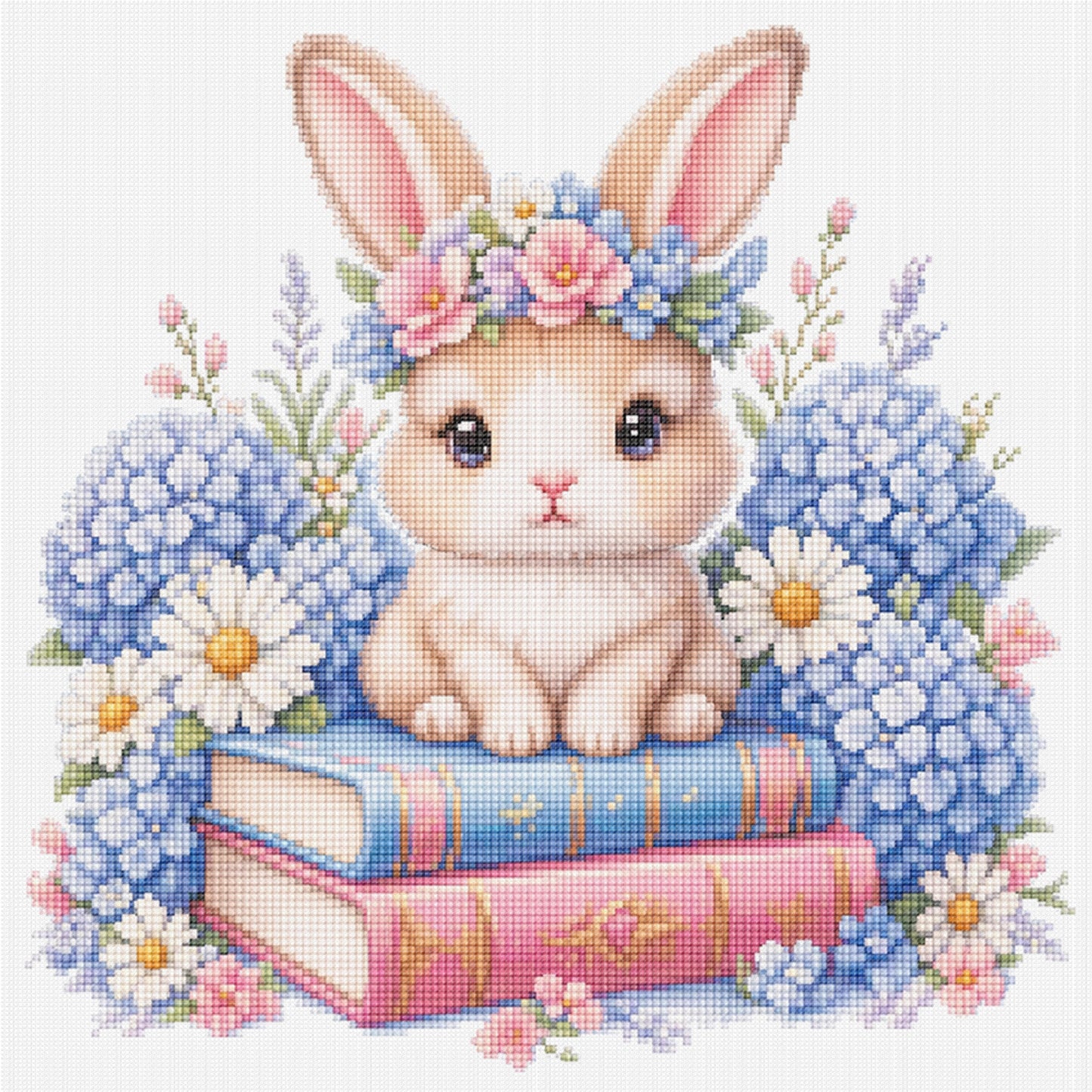 Rabbit, Books And Flowers - Full 14CT Stamped Cross Stitch 30x30CM - Huacan