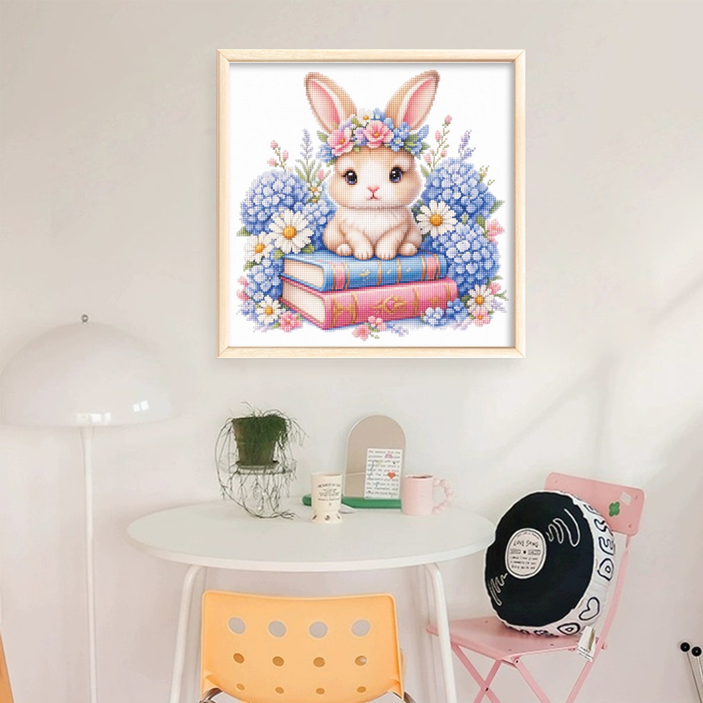 Rabbit, Books And Flowers - Full 14CT Stamped Cross Stitch 30x30CM - Huacan