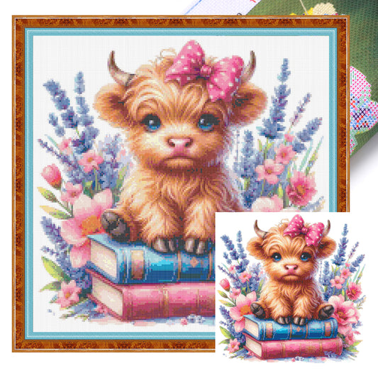 Yak, Books And Flowers - Full 14CT Stamped Cross Stitch 30x30CM - Huacan
