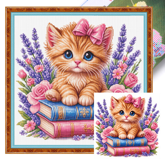 Cat, Books And Flowers - Full 14CT Stamped Cross Stitch 30x30CM - Huacan