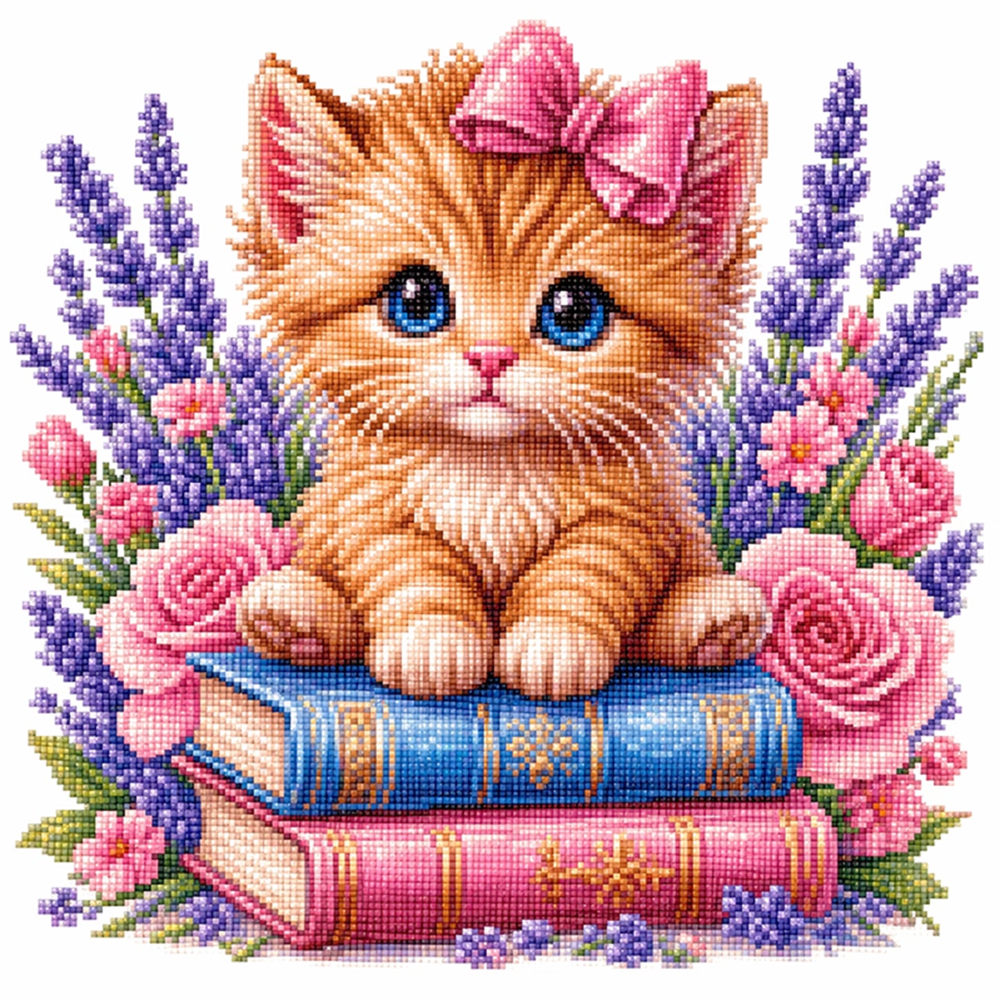 Cat, Books And Flowers - Full 14CT Stamped Cross Stitch 30x30CM - Huacan