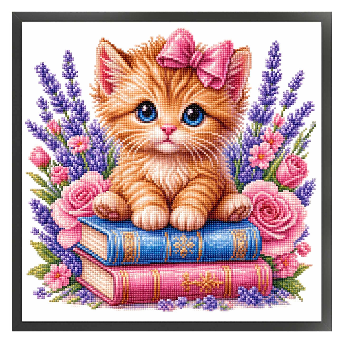 Cat, Books And Flowers - Full 14CT Stamped Cross Stitch 30x30CM - Huacan