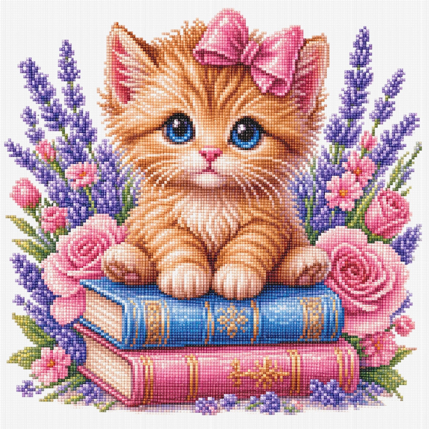 Cat, Books And Flowers - Full 14CT Stamped Cross Stitch 30x30CM - Huacan
