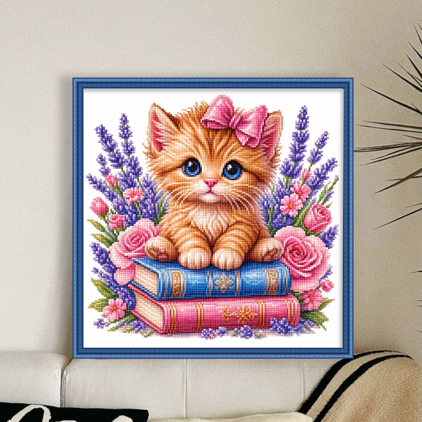 Cat, Books And Flowers - Full 14CT Stamped Cross Stitch 30x30CM - Huacan
