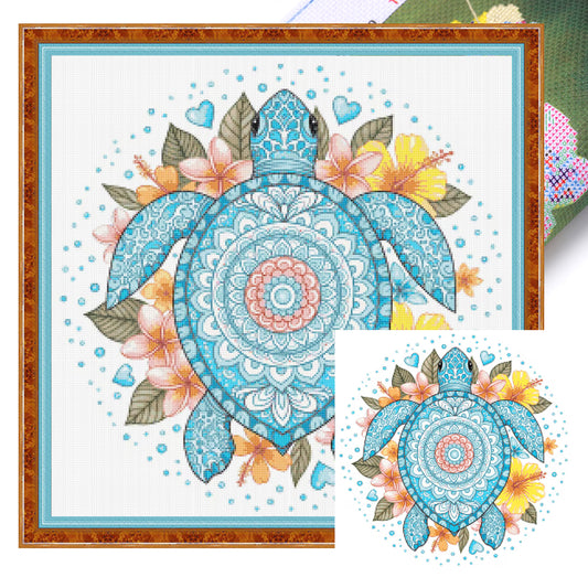 Mandala, Turtle And Flowers - Full 14CT Stamped Cross Stitch 30x30CM - Huacan