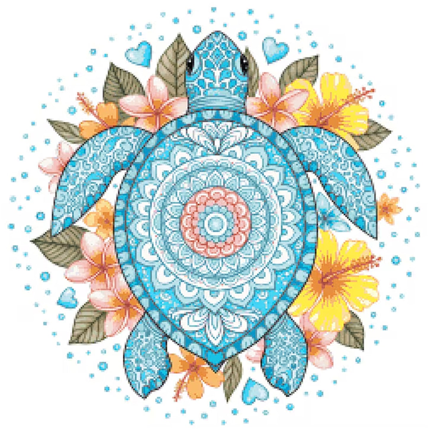 Mandala, Turtle And Flowers - Full 14CT Stamped Cross Stitch 30x30CM - Huacan