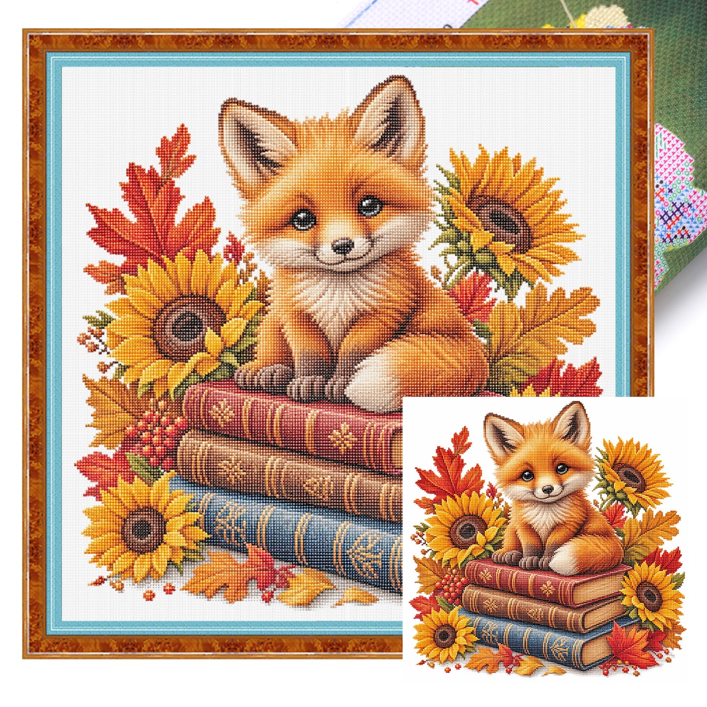 Fox, Books And Flowers - Full 14CT Stamped Cross Stitch 30x30CM - Huacan