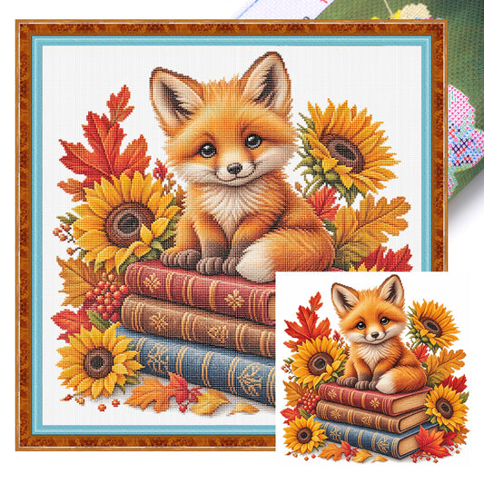 Fox, Books And Flowers - Full 14CT Stamped Cross Stitch 30x30CM - Huacan