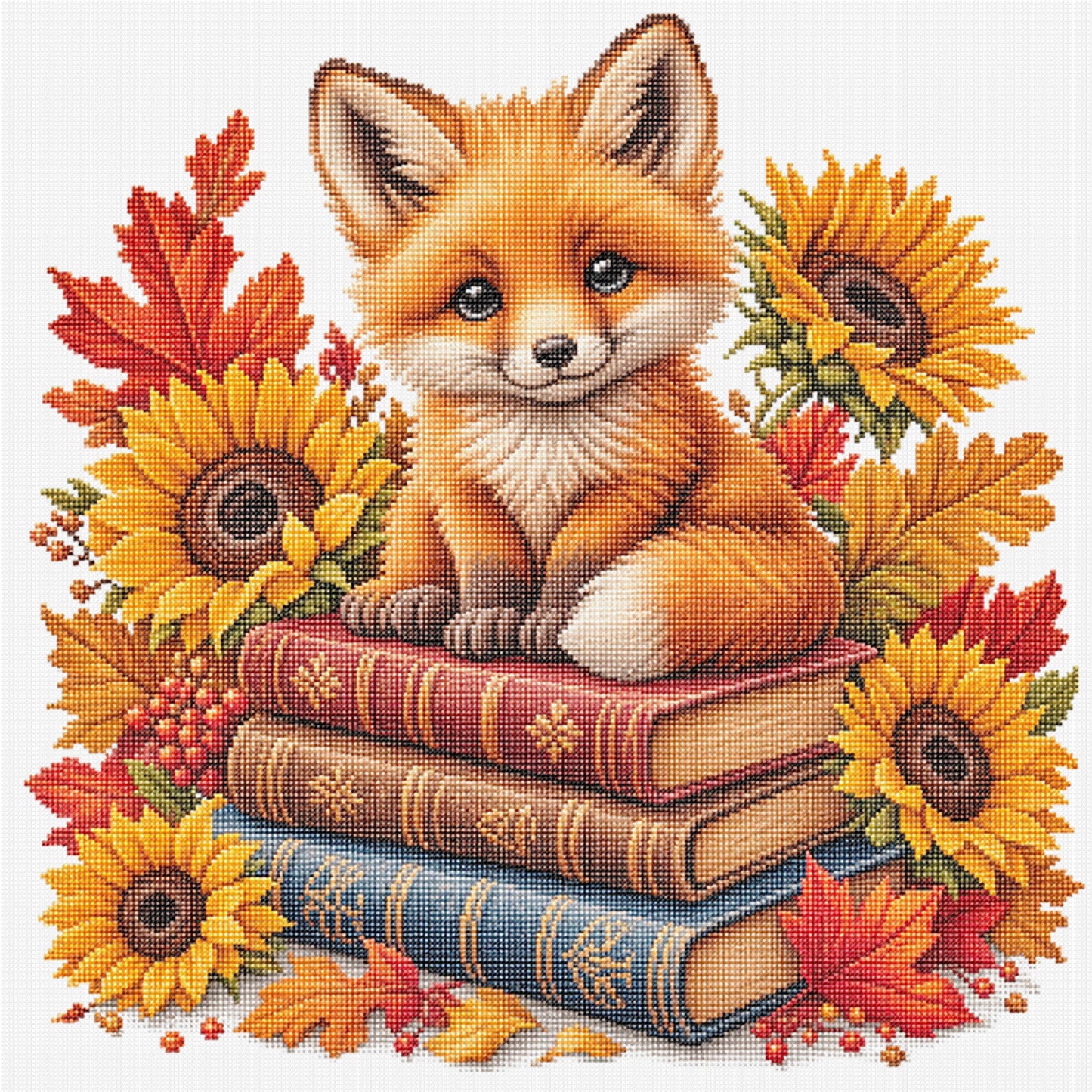Fox, Books And Flowers - Full 14CT Stamped Cross Stitch 30x30CM - Huacan