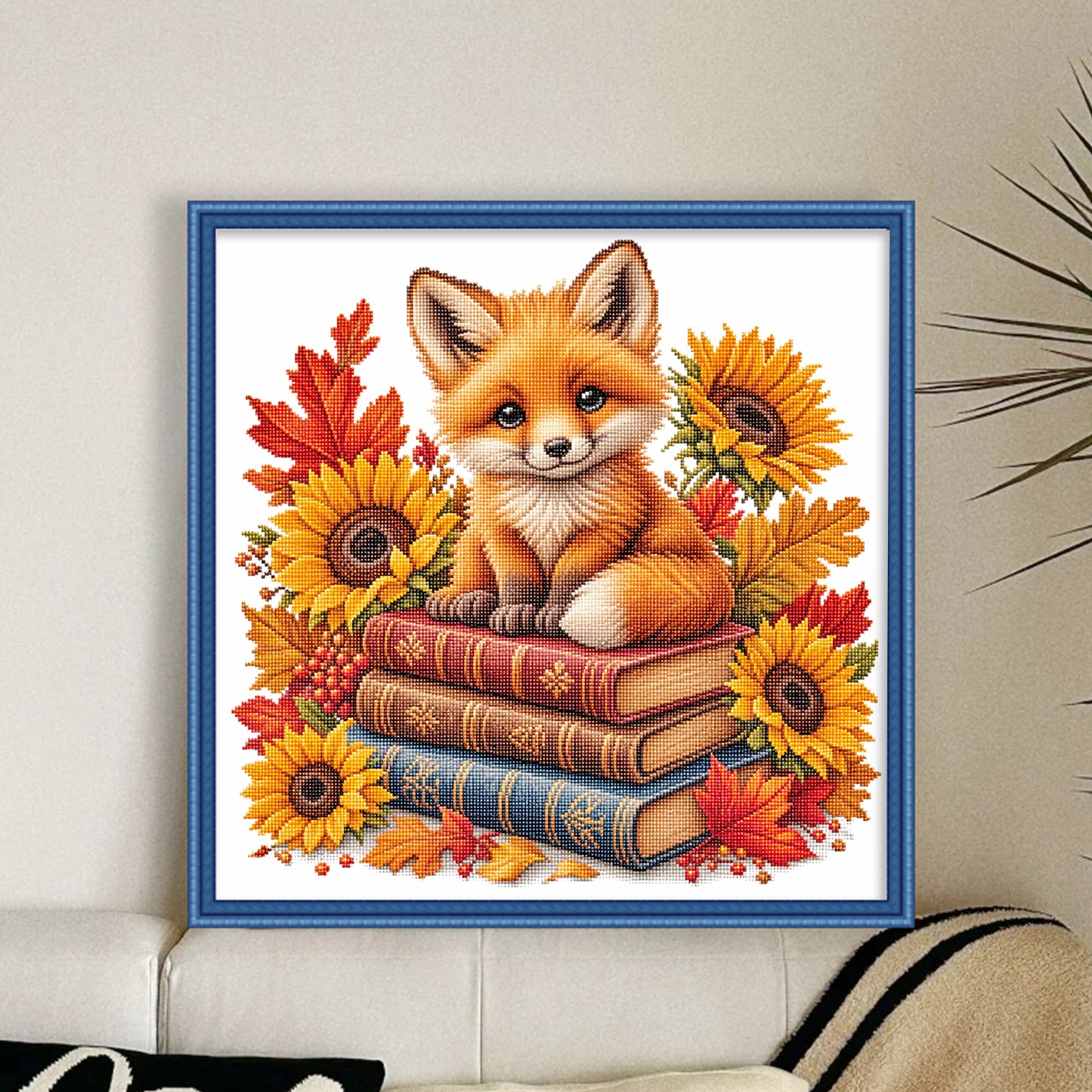 Fox, Books And Flowers - Full 14CT Stamped Cross Stitch 30x30CM - Huacan