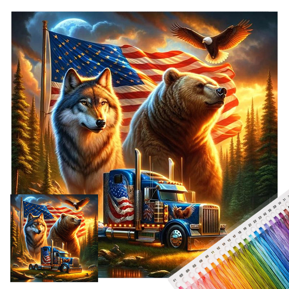 Usa Forest Beast Trucker - Full 11CT Stamped Cross Stitch 40x40CM - Huacan