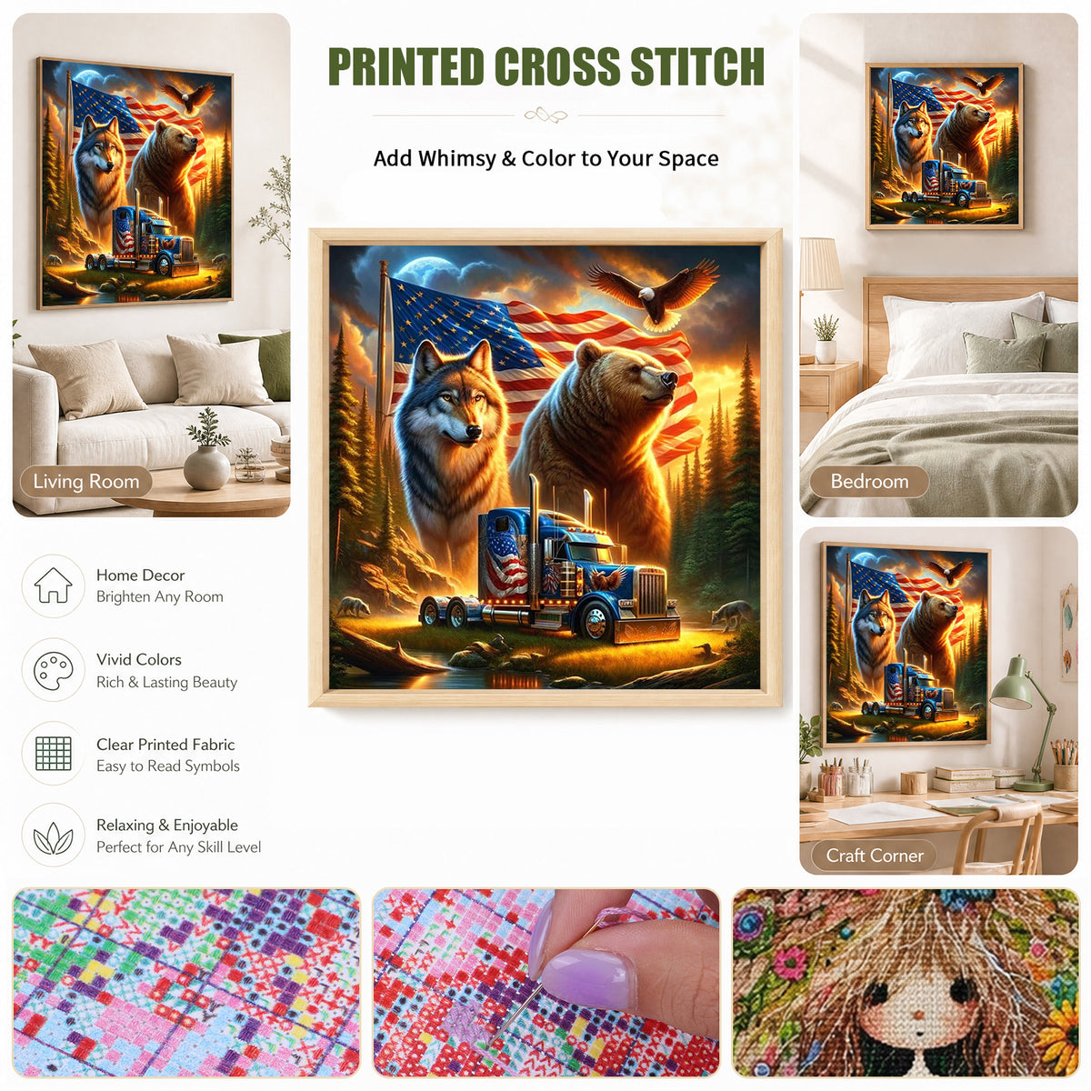 Usa Forest Beast Trucker - Full 11CT Stamped Cross Stitch 40x40CM - Huacan
