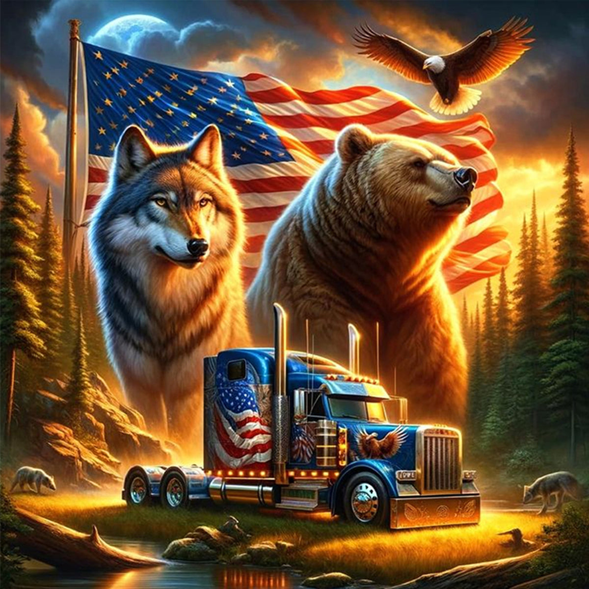 Usa Forest Beast Trucker - Full 11CT Stamped Cross Stitch 40x40CM - Huacan