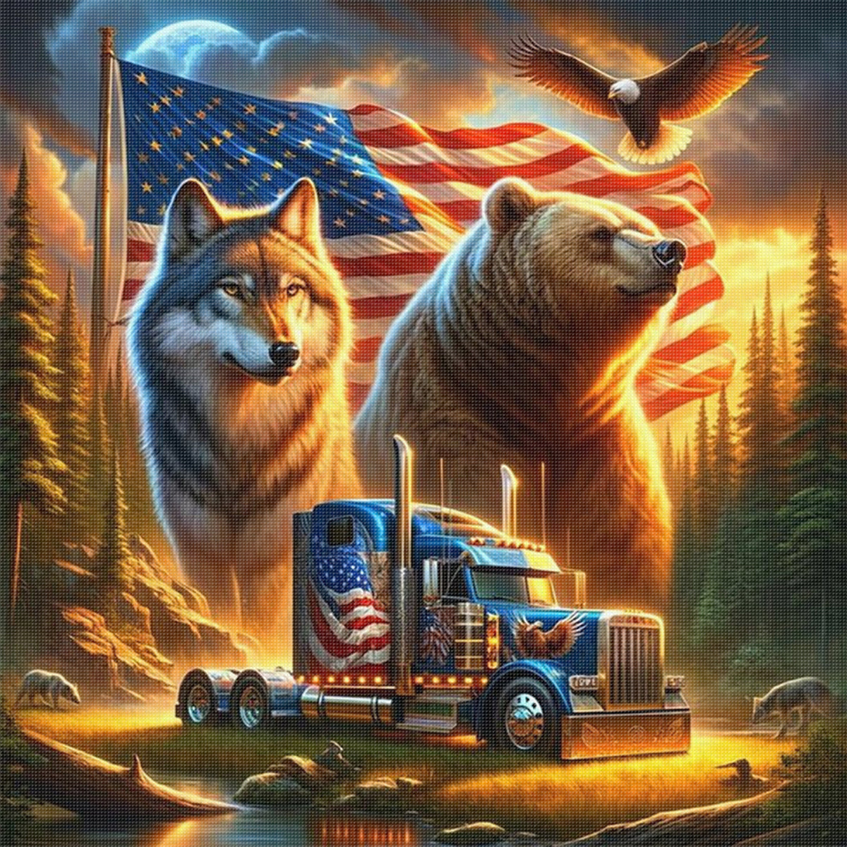 Usa Forest Beast Trucker - Full 11CT Stamped Cross Stitch 40x40CM - Huacan
