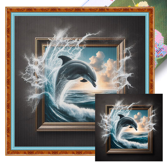 Jumping Dolphin - Full 11CT Stamped Cross Stitch 40x40CM - Huacan