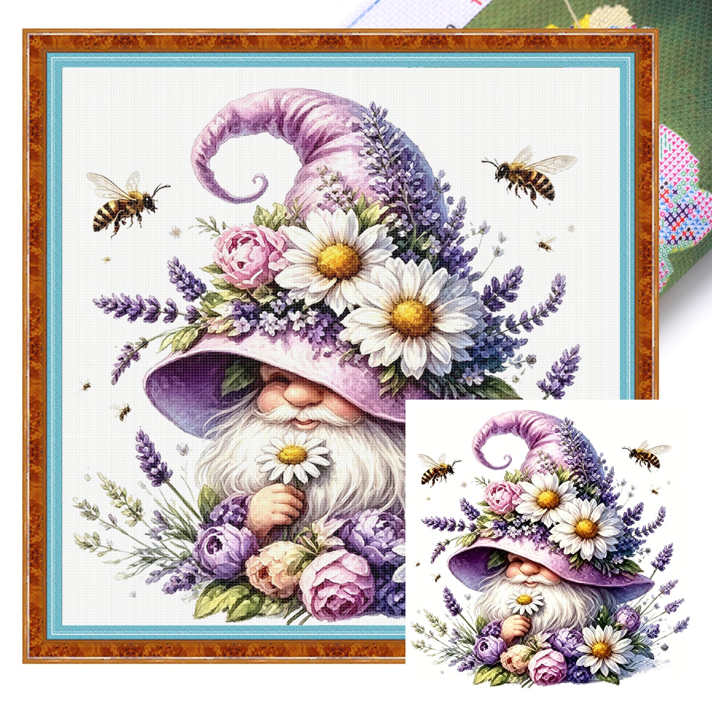 Purple Flower Gnome - Full 14CT Stamped Cross Stitch 30x30CM - Huacan