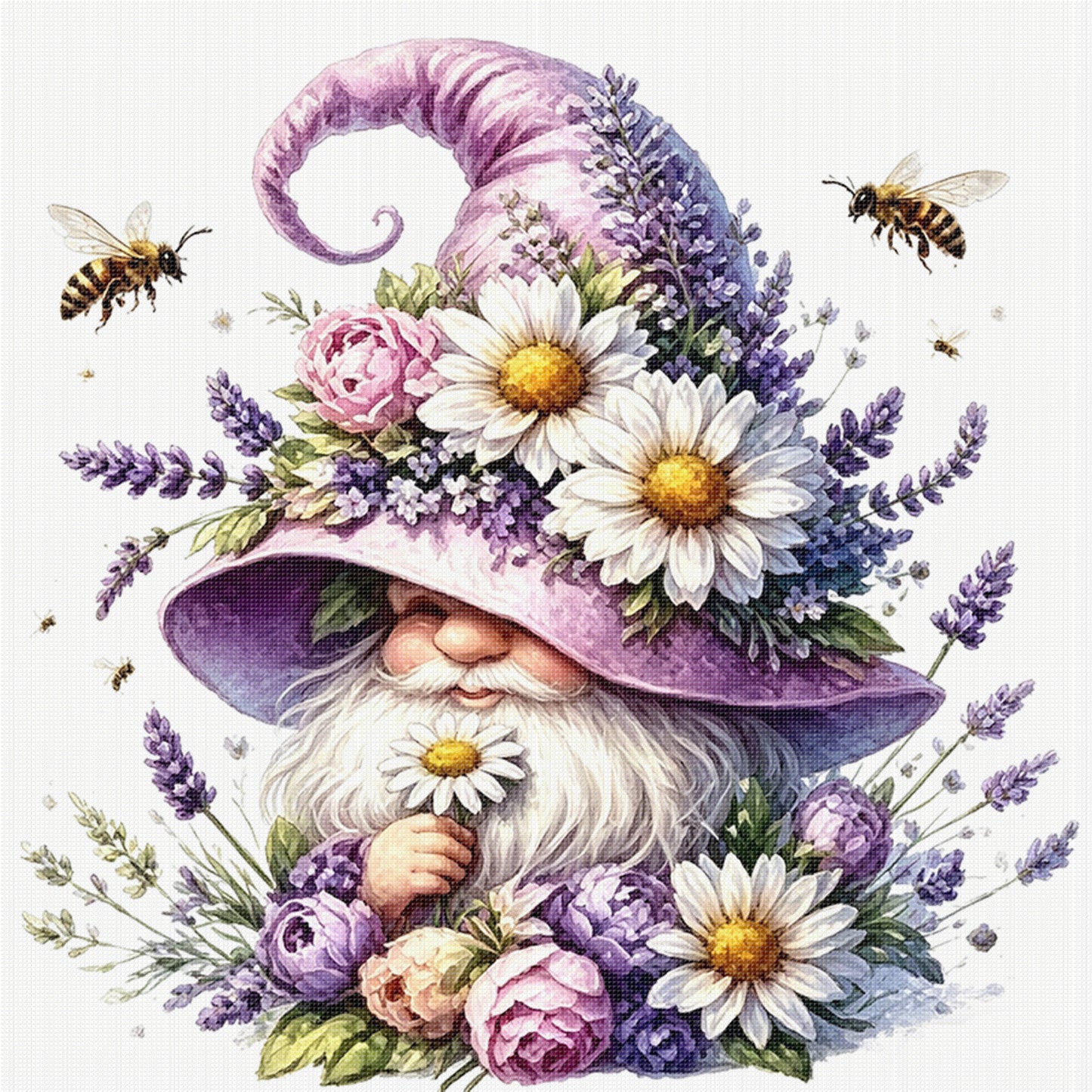 Purple Flower Gnome - Full 14CT Stamped Cross Stitch 30x30CM - Huacan