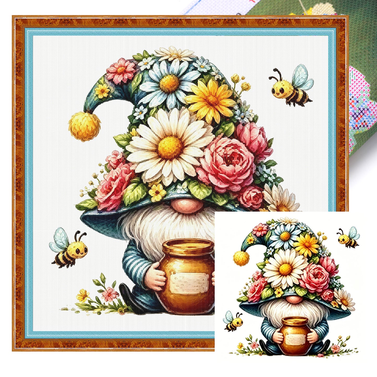 Honey And Flower Gnome - Full 14CT Stamped Cross Stitch 30x30CM - Huacan