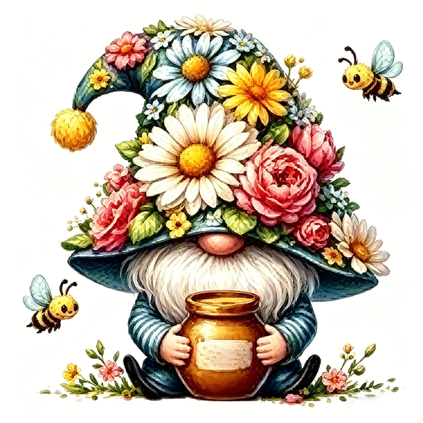 Honey And Flower Gnome - Full 14CT Stamped Cross Stitch 30x30CM - Huacan