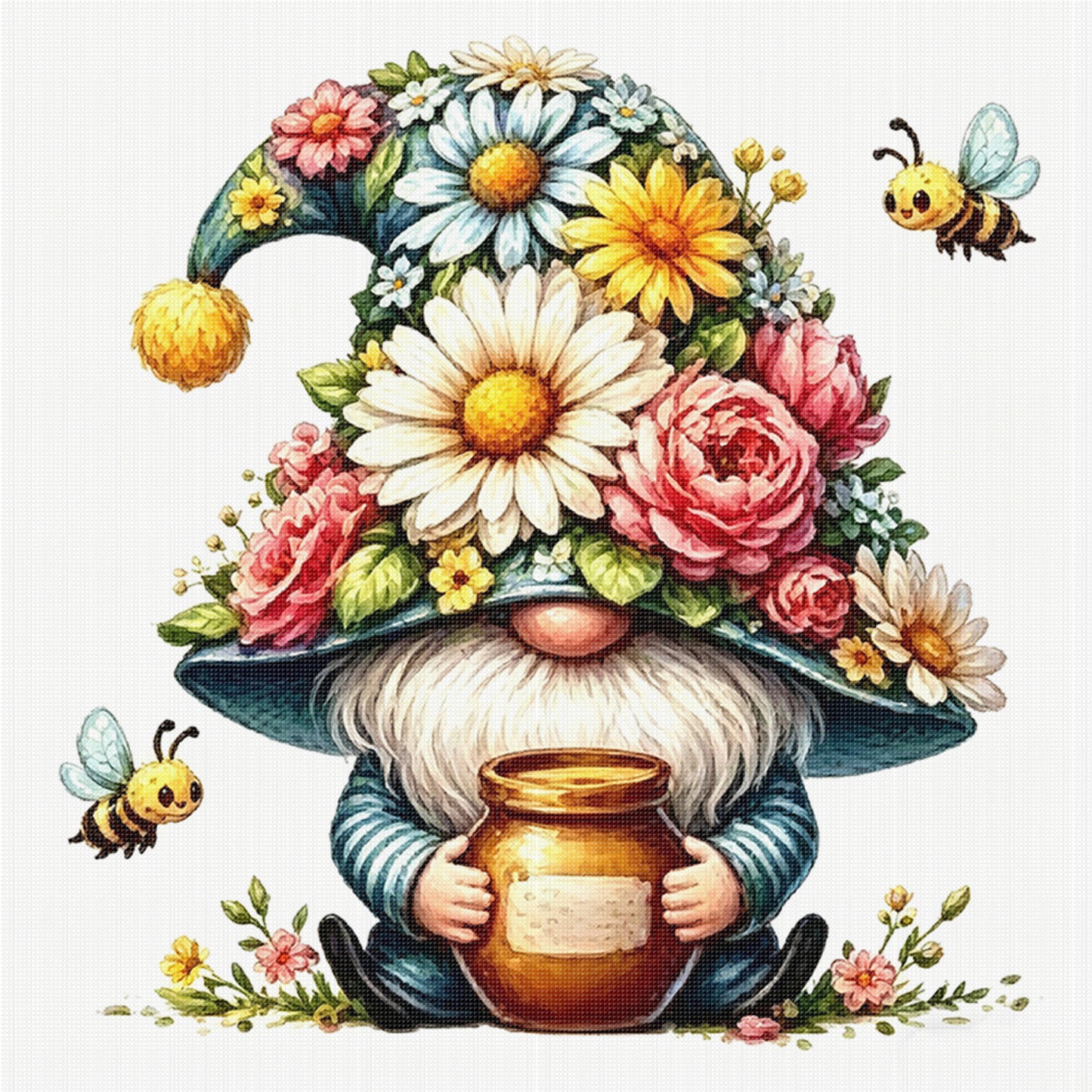 Honey And Flower Gnome - Full 14CT Stamped Cross Stitch 30x30CM - Huacan