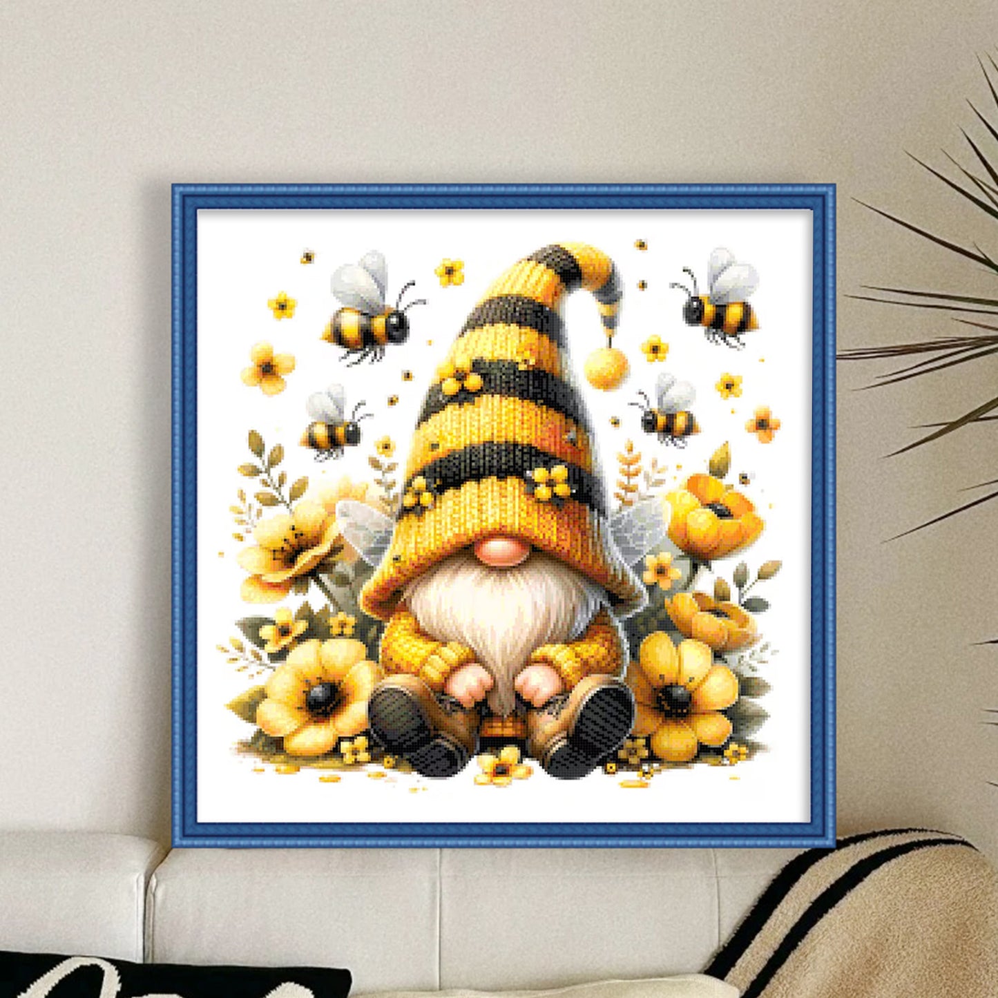 Bee Gnome And Flowers - Full 14CT Stamped Cross Stitch 30x30CM - Huacan