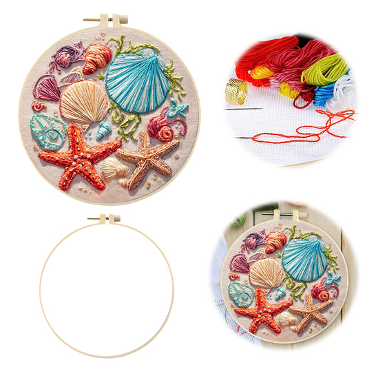 Red Starfish - DIY Embroidery Cross Stitch Kit with Pattern Cotton Threads Needles Hoop 30x30CM/11.81x11.81in