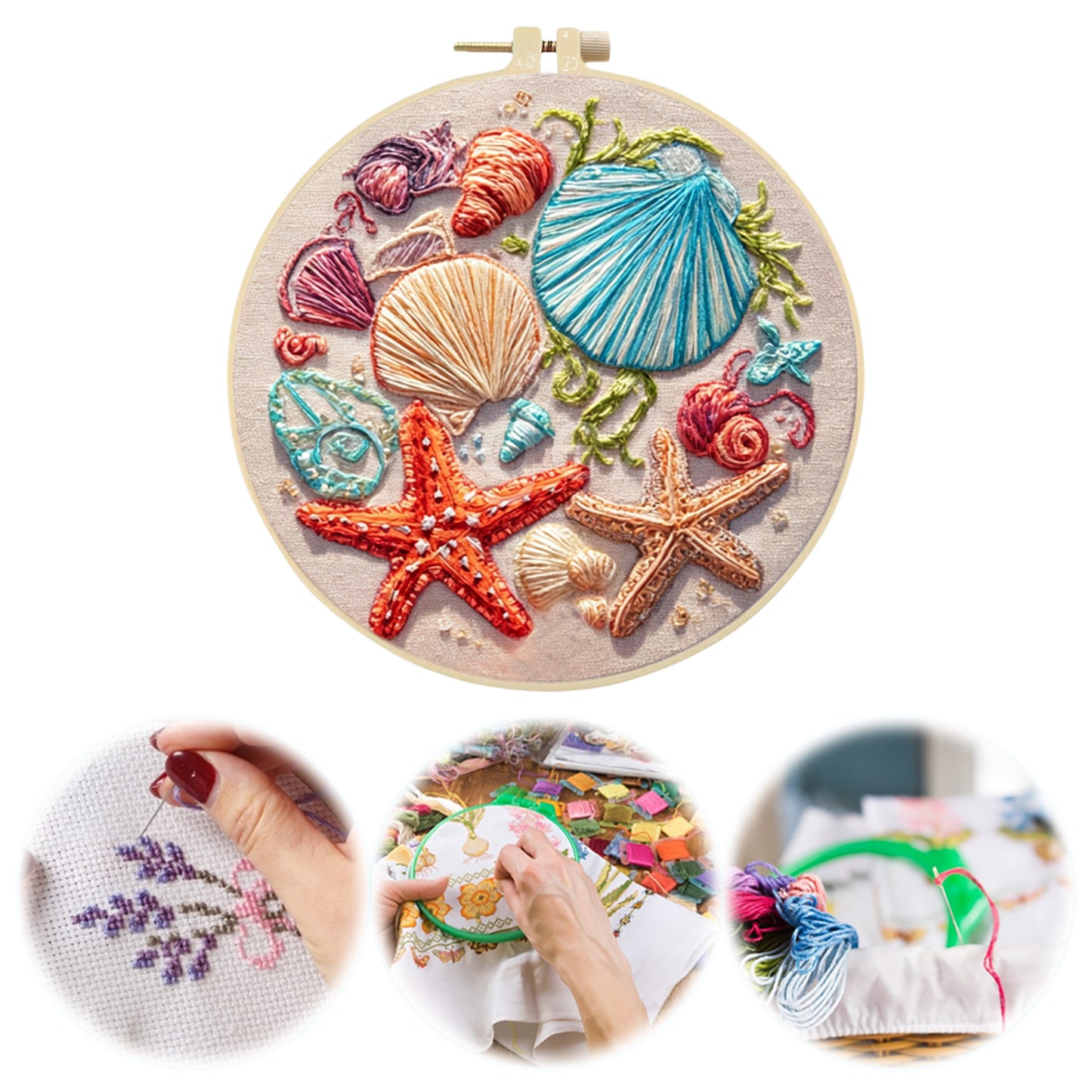 Red Starfish - DIY Embroidery Cross Stitch Kit with Pattern Cotton Threads Needles Hoop 30x30CM/11.81x11.81in