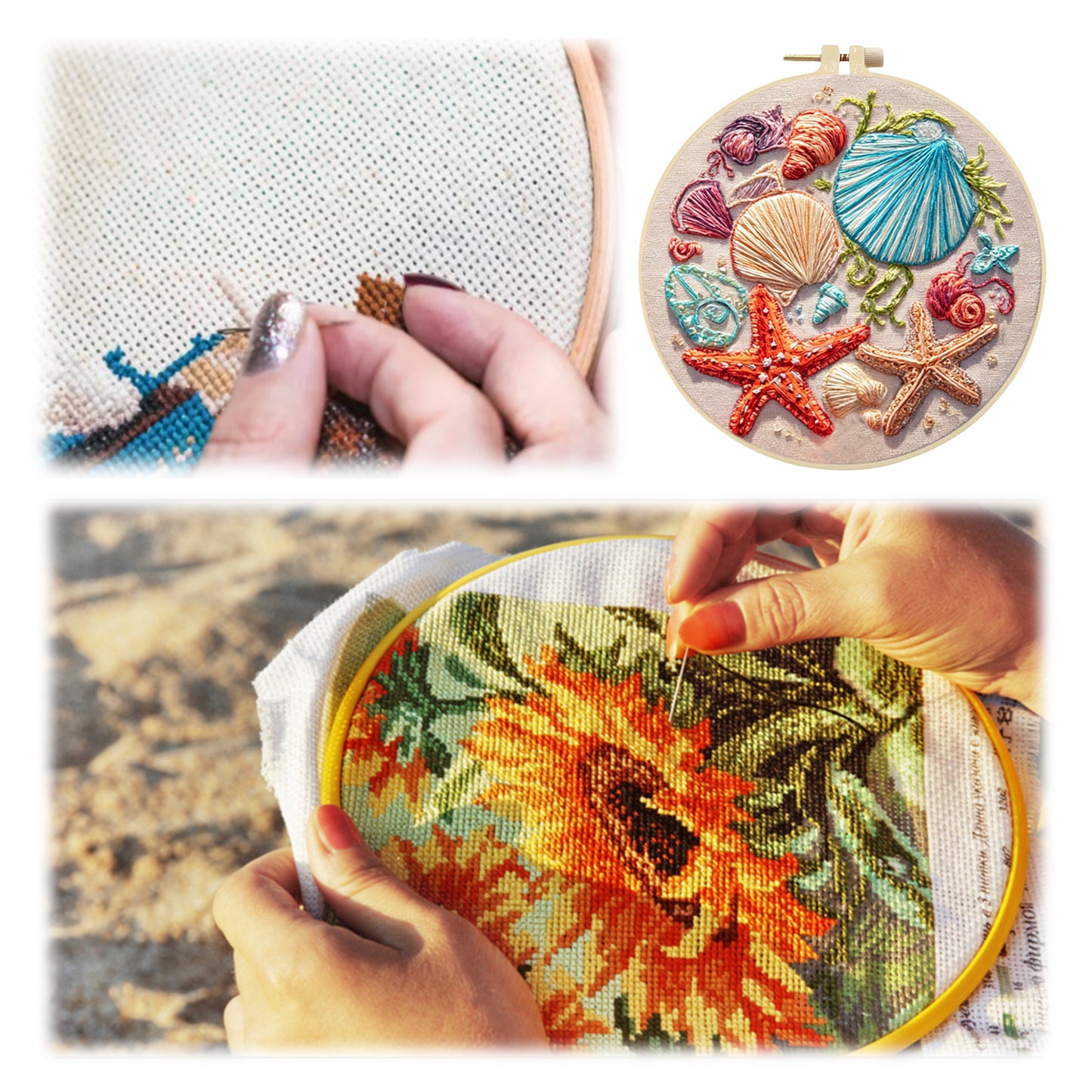 Red Starfish - DIY Embroidery Cross Stitch Kit with Pattern Cotton Threads Needles Hoop 30x30CM/11.81x11.81in