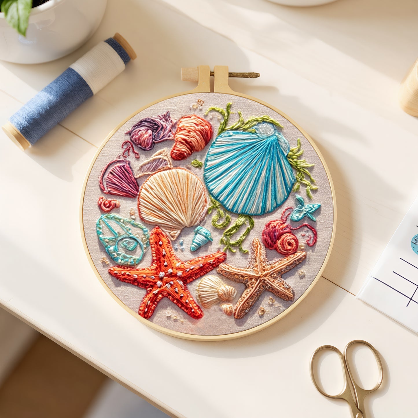 Red Starfish - DIY Embroidery Cross Stitch Kit with Pattern Cotton Threads Needles Hoop 30x30CM/11.81x11.81in