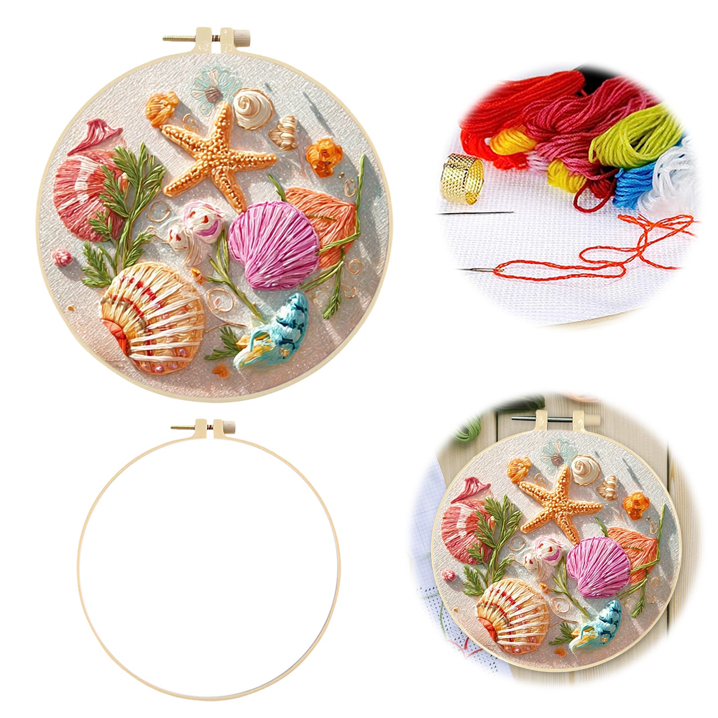 Conch Starfish - DIY Embroidery Cross Stitch Kit with Pattern Cotton Threads Needles Hoop 30x30CM/11.81x11.81in