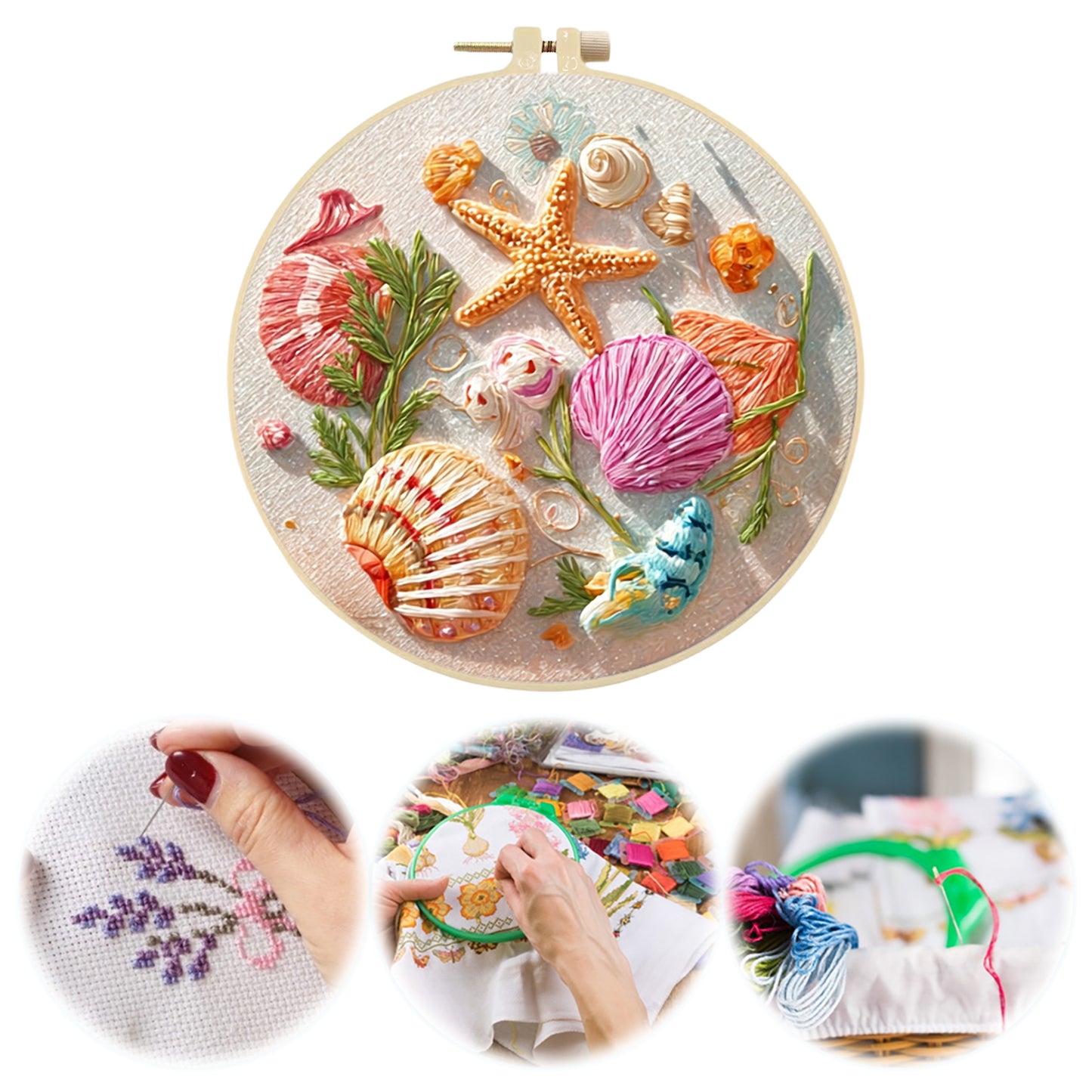 Conch Starfish - DIY Embroidery Cross Stitch Kit with Pattern Cotton Threads Needles Hoop 30x30CM/11.81x11.81in