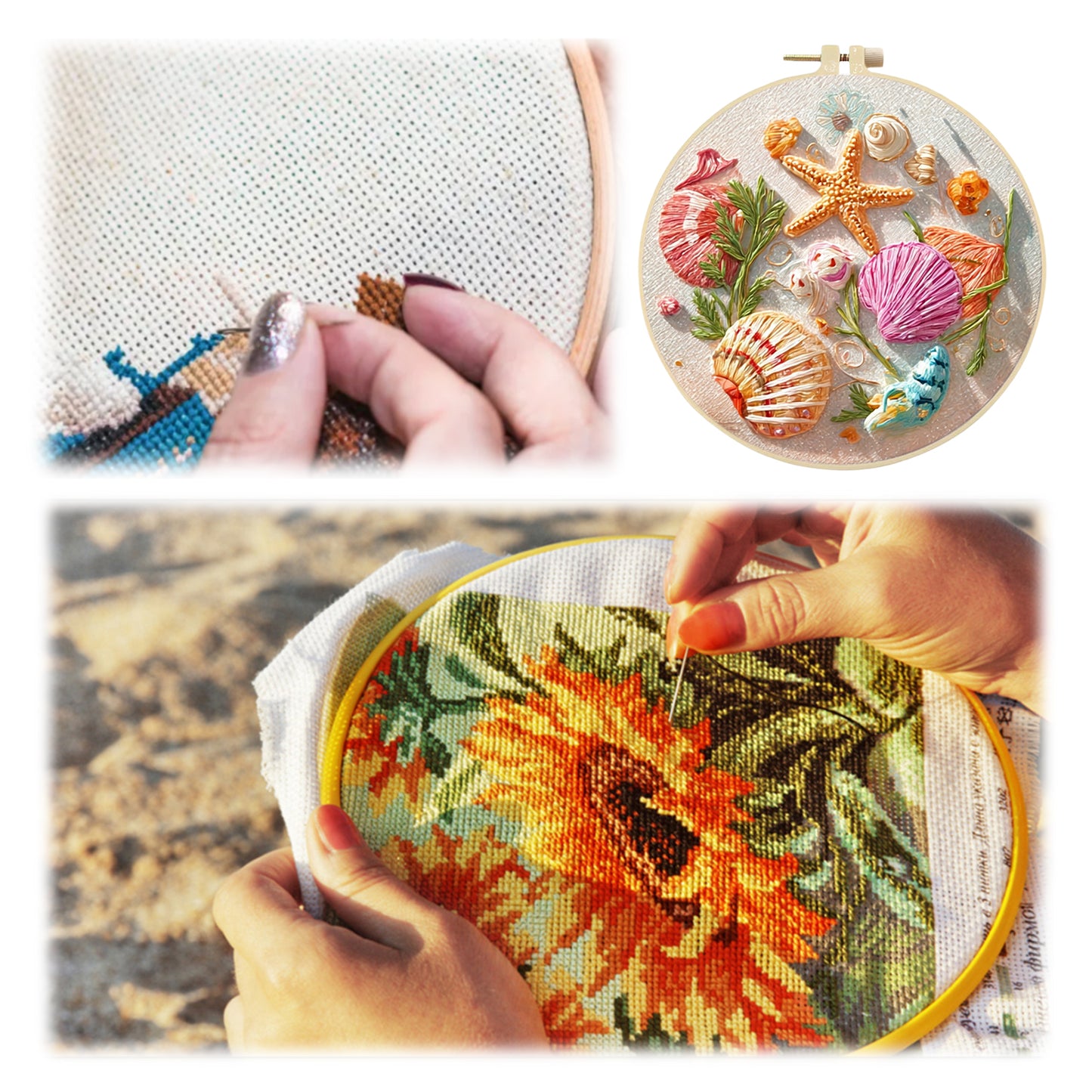 Conch Starfish - DIY Embroidery Cross Stitch Kit with Pattern Cotton Threads Needles Hoop 30x30CM/11.81x11.81in