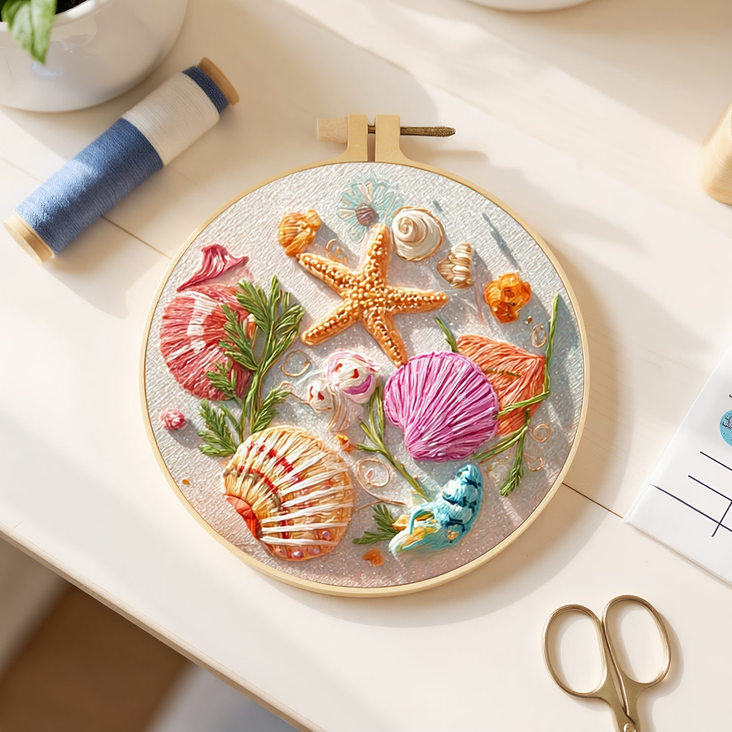 Conch Starfish - DIY Embroidery Cross Stitch Kit with Pattern Cotton Threads Needles Hoop 30x30CM/11.81x11.81in