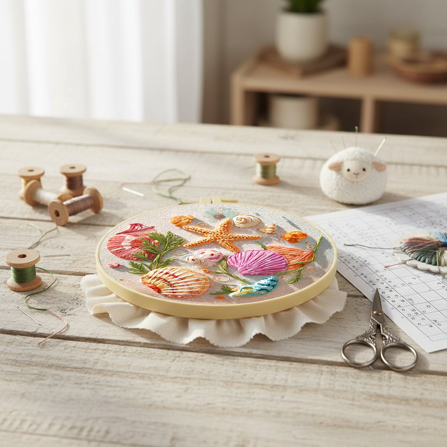 Conch Starfish - DIY Embroidery Cross Stitch Kit with Pattern Cotton Threads Needles Hoop 30x30CM/11.81x11.81in