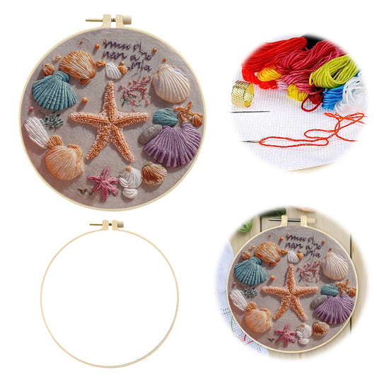 Starfish Conch - DIY Embroidery Cross Stitch Kit with Pattern Cotton Threads Needles Hoop 30x30CM/11.81x11.81in