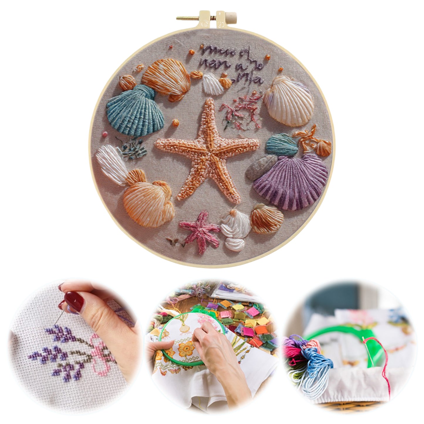 Starfish Conch - DIY Embroidery Cross Stitch Kit with Pattern Cotton Threads Needles Hoop 30x30CM/11.81x11.81in